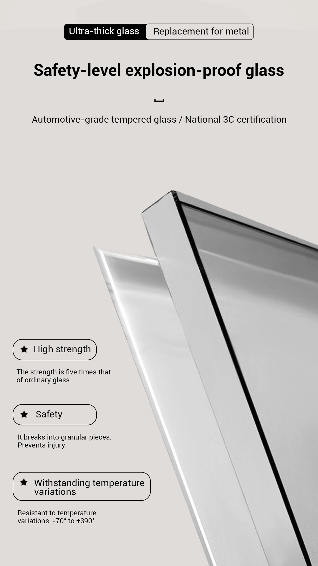 Close-up of CCC-certified, automotive-grade tempered glass panel — safety-first design that breaks into harmless granules rather than sharp shards to reduce injury risk.