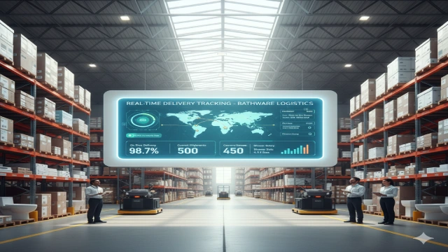 Factory team assembling modular bathtubs with digital QR traceability system.