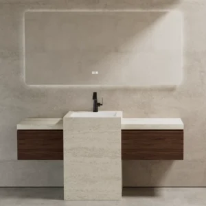 WD224-120 Customized Modern Light Luxury Bathroom Cabinets with Seamless Integrated Rock Slabs and Column Basins