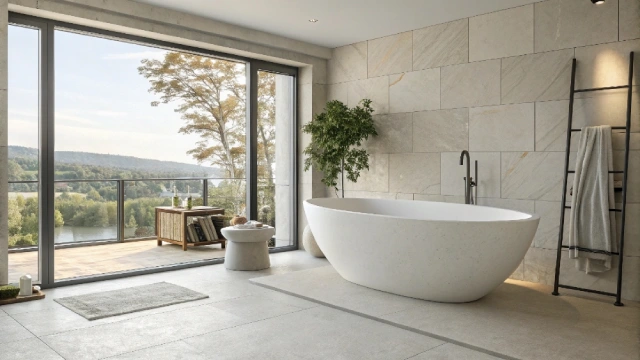 Modern high-end bathroom showcasing a sustainable-material bathtub.