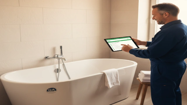 Hotel maintenance engineer inspecting a newly refurbished bathtub in a modern European hotel bathroom.