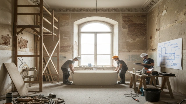 Historic hotel bathroom renovation in Germany, highlighting lightweight mineral composite bathtub installation to reduce structural costs.