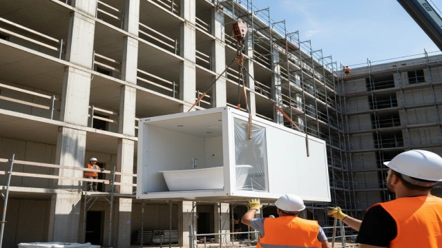 Modular bathroom pod with bathtub being lifted by crane during European hotel construction, workers guiding installation