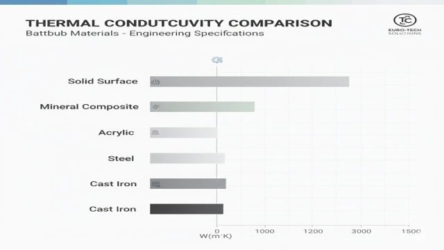 Infographic comparing bathtub materials by thermal conductivity and heat retention performance.