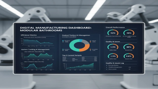 Digital MES dashboard showing trends in modular bathroom production.