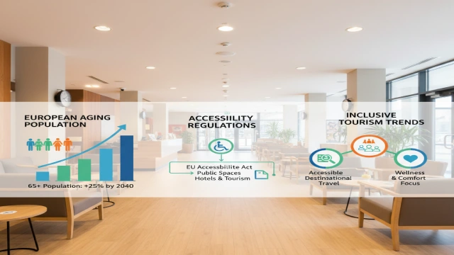 Infographic showing EU aging population, accessibility regulations, and inclusive tourism trends relevant to hotel design decisions.
