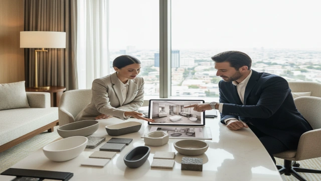 Client reviewing custom bathtub finishes and dimensions with designer for a hotel project