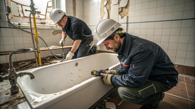 Workers inspecting damaged bathtub during rework at a hotel project.