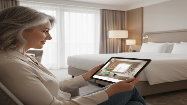 Hotel guest interacting with a tablet showing accessible bathroom details: walk-in bathtub, grab bars, anti-slip floor, floor plan, and accessibility icons, emphasizing user-friendly experience.