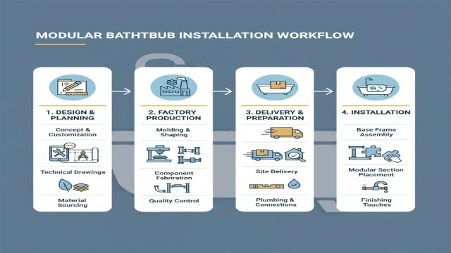 Infographic showing modular bathtub workflow from design to installation.