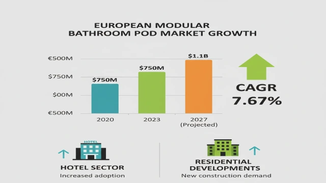Infographic showing European modular bathroom pod market growth with bars, arrows, and hotel icons, highlighting CAGR 7.67%