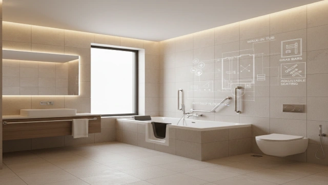 European hotel bathroom layout under design, showing walk-in bathtub with adjustable seating, anti-slip floors, grab bars, and wheelchair-accessible space, visualized with blueprint overlay.