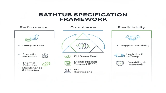 Infographic of Performance, Compliance, and Predictability framework for future-proof bathtub specification in European projects.