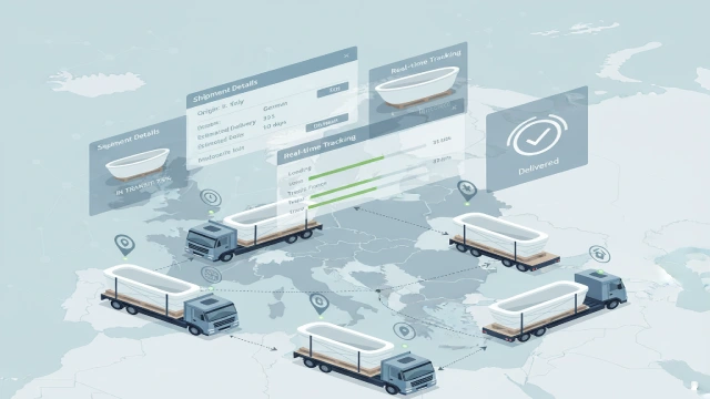 Illustration of European cross-border bathtub logistics showing delivery tracking, handling, and risk mitigation.