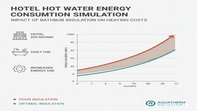 Graphic showing how poor bathtub insulation increases hotel hot water energy consumption and operational costs.