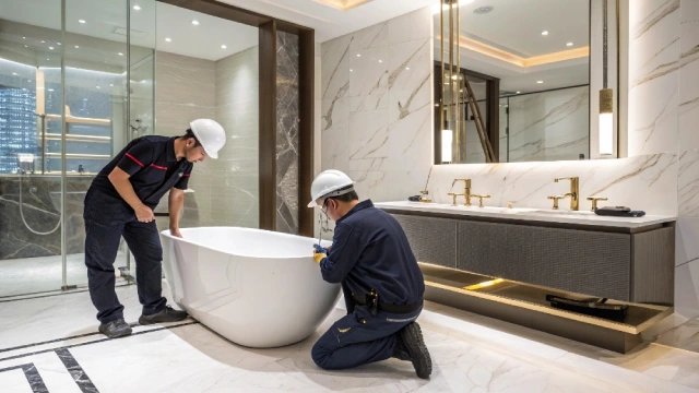 Project manager inspecting a luxury bathtub to highlight maintenance importance in high-end properties