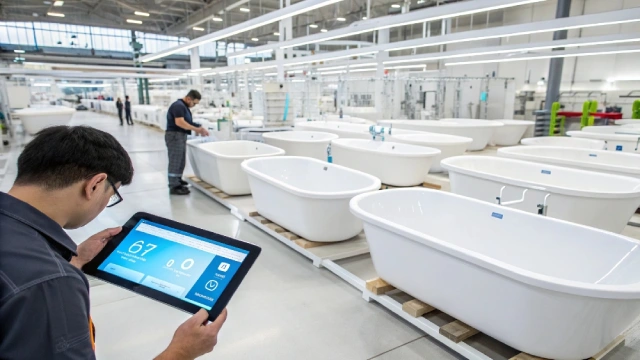 Digital dashboard visualizing transparent bathtub supply chain from quarry to installation.