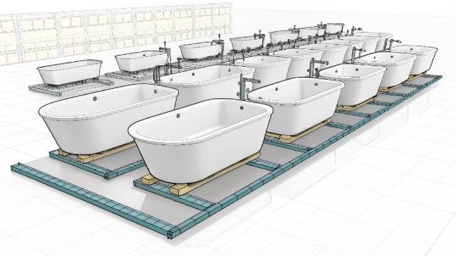 Modular bathtub modules showing standardization and SKU reduction to improve efficiency and reduce rework.