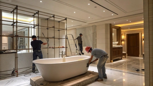 Luxury hotel bathroom construction showing delayed bathtub installation impacting ROI