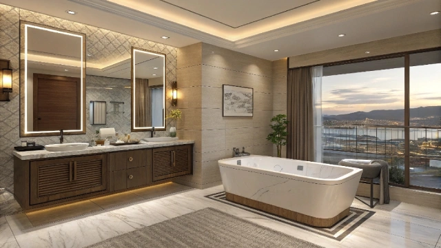 Luxury hotel bathroom showing modular bathtub with custom finishes.