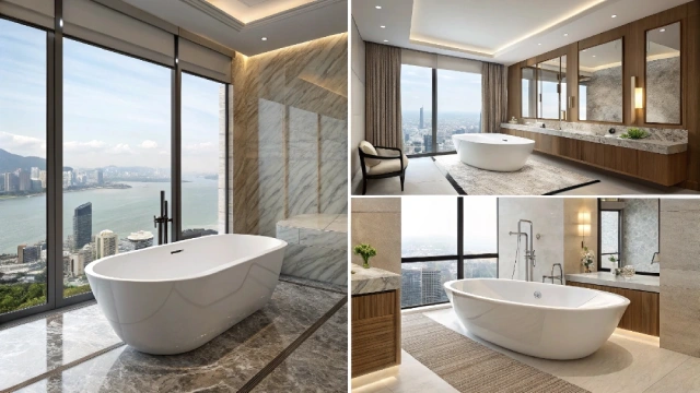 Standardized bathtub modules with varied luxury finishes, maintaining brand identity and efficient installation across multiple hotel rooms