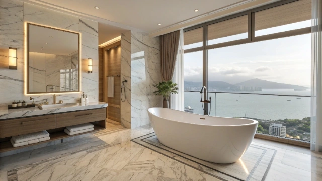 Luxury modern bathtub in a high-end hotel bathroom interior.