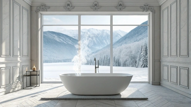Technical illustration of a modern bathtub in a cold European climate highlighting heat loss challenges.
