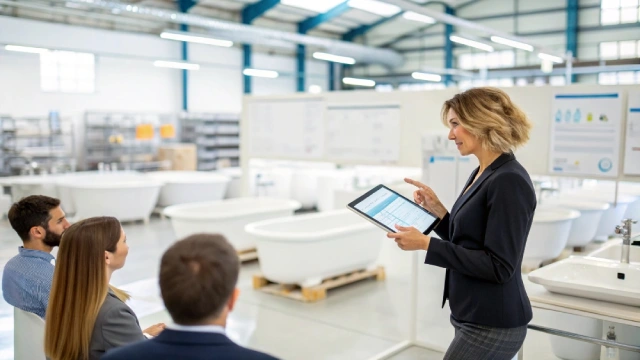 Expert presenting digital sanitary ware supply chain strategy to North American wholesalers.