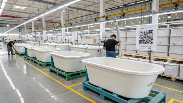 Factory team assembling modular bathtubs with digital QR traceability system.