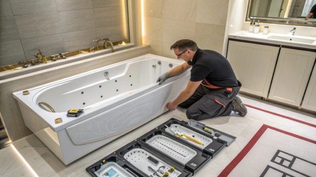Technician replacing modular bathtub components to reduce downtime and maintenance costs