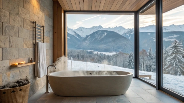Nordic hotel bathroom featuring a solid-surface bathtub used in a Finnish Alps energy-efficiency case study.