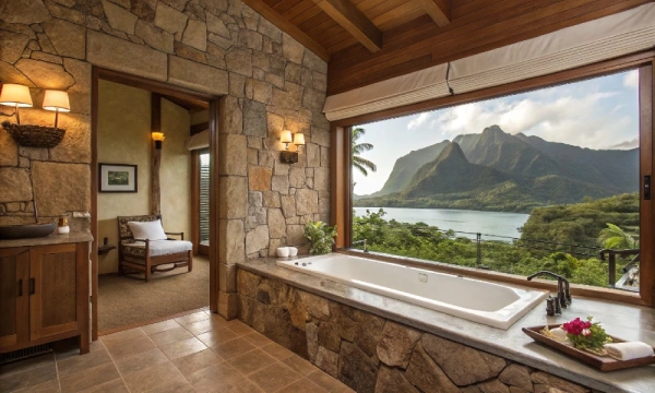 Resort suite bathtub with scenic view highlighting relaxation and luxury