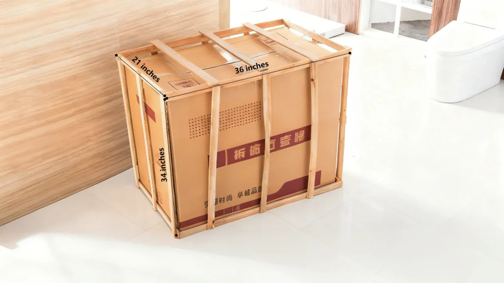 Compact bathroom vanities 24–36 inches wide, 16–21 inches deep, 30–34 inches high, optimized for lower shipping costs and efficient bulk transport.