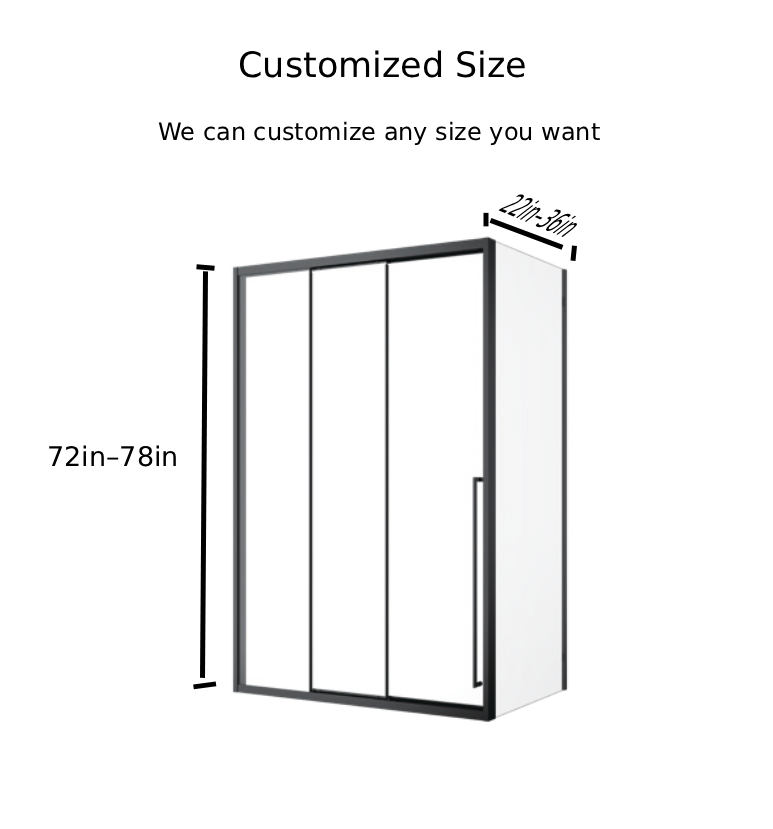 “Shower door size chart showing 22–36 inch width and 72–78 inch height options