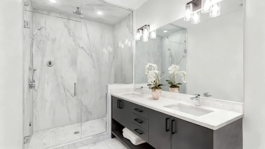 Hotel vanity with Corian integrated sink and countertop, modern look, still a luxury choice (2025)