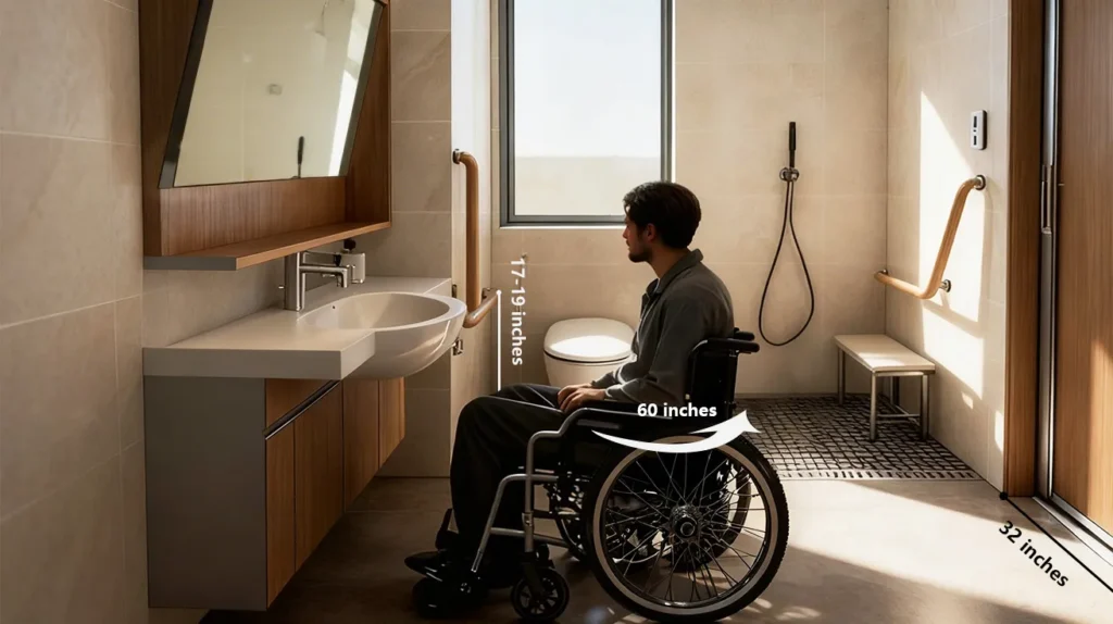 ADA-compliant bathroom with 60-inch wheelchair turning radius, 32-inch doorway, grab bars 17–19 inches high, and accessible fixtures within reach.