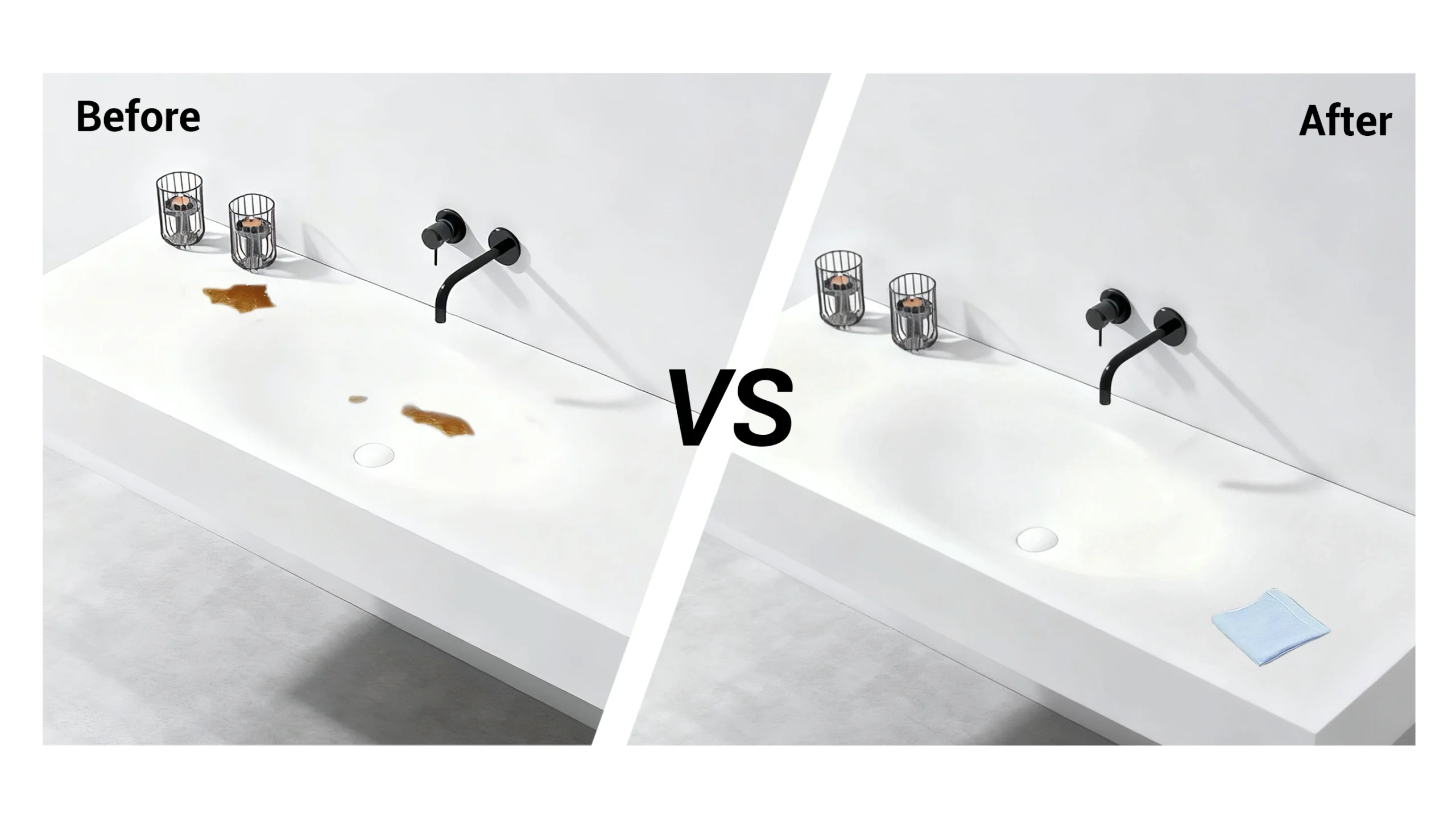 Corian sink in a high-traffic hotel bathroom — durable, non-porous and easily repaired on-site to reduce downtime and maintenance costs.