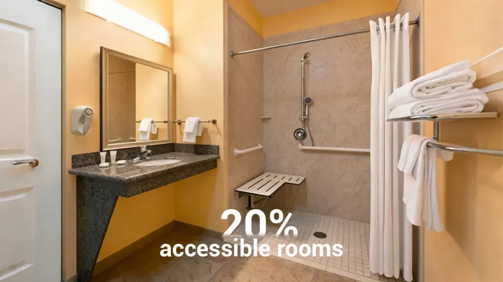 Hotel accessibility rule showing required number of accessible guest rooms, including five mobility-accessible rooms for hotels with 101–150 rooms.