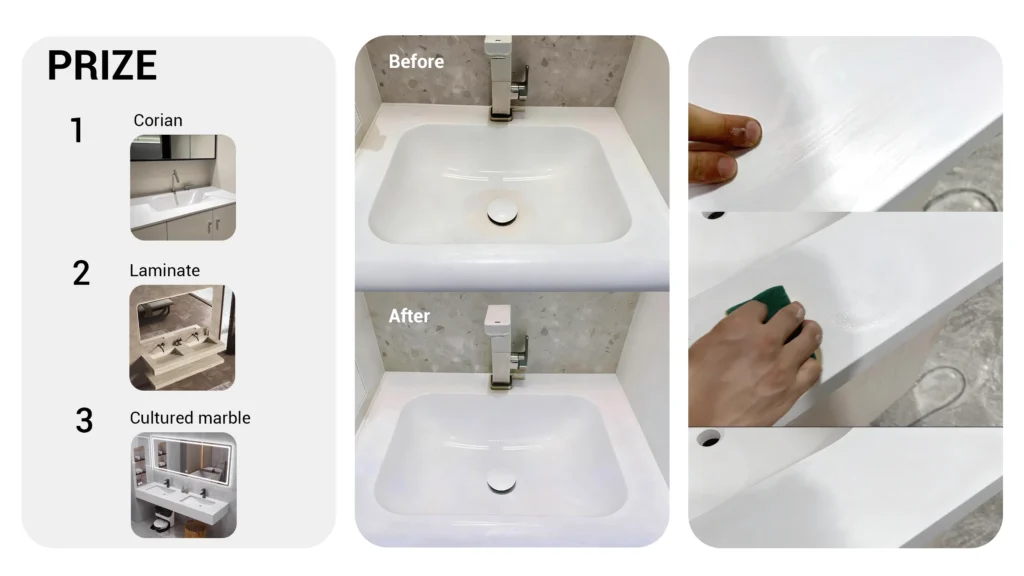 Close-up of a Corian countertop showing a light scratch and subtle stain — highlights higher upfront cost and the material’s vulnerability, but also that scratches are fully repairable by sanding.