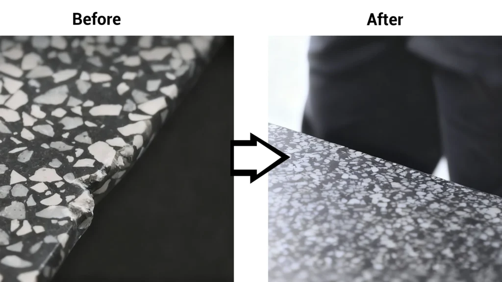 Corian integrated sink being sanded in a hotel bathroom — demonstrating durable, repairable solid-surface construction and long-term resilience for heavy guest use.Select 77 more words to run Humanizer.