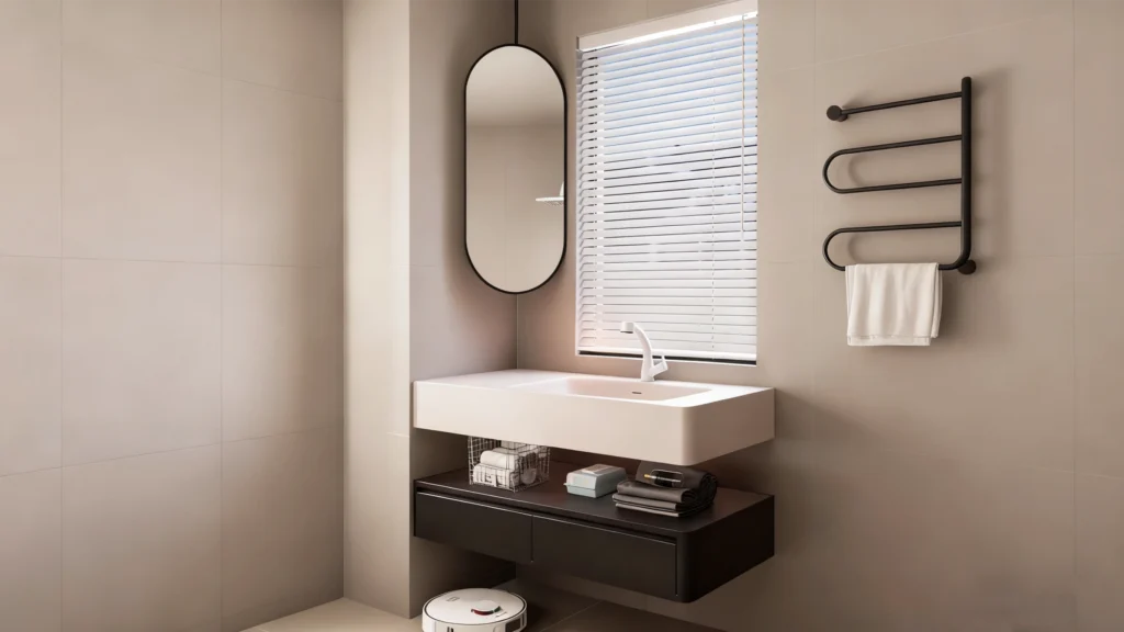 Corian integrated sink in a premium hotel bathroom, showcasing seamless design, long-term value, durability, and easy-care benefits for high-end hospitality.