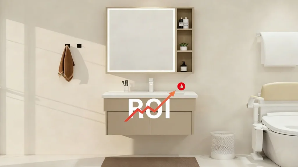 ADA-compliant bathroom vanity boosting ROI through legal compliance, accessibility for seniors and disabled travelers, and higher guest satisfaction and reviews.