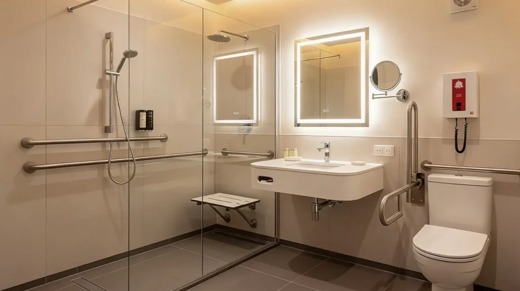 Hotel bathroom ADA remodel showing widened doorways, relocated plumbing, roll-in shower, and accessible vanity, costing $5,000–$20,000 depending on upgrades.