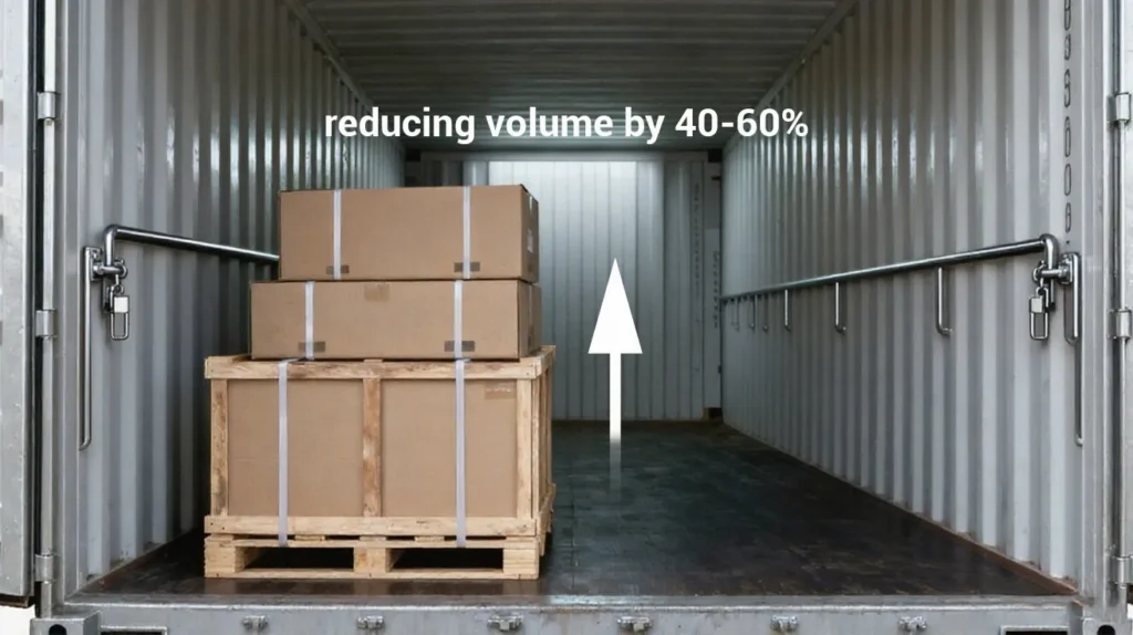 Comparison of flat-pack vs fully assembled bathroom vanities, showing KD design reducing shipping volume by 40–60% and fitting more units per container.