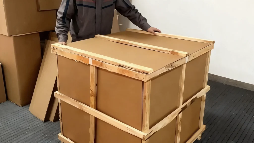 Packaging specification sheet for bathroom vanities detailing flat-pack requirements, exact max dimensions, and supplier confirmation of total container CBM in RFQ.