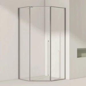 Frameless neo-angle shower enclosure with clear tempered glass and minimal silver trim, offering a clean, modern look for updated bathrooms.