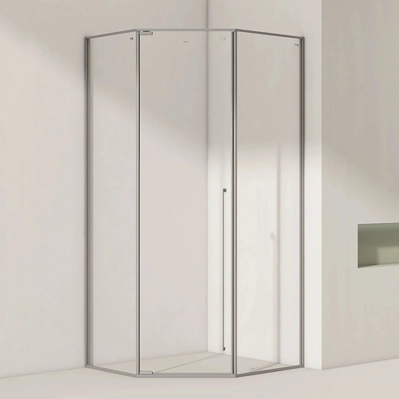 Frameless neo-angle shower enclosure with clear tempered glass and minimal silver trim, offering a clean, modern look for updated bathrooms.