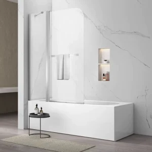 JF611 Semi-Frameless Folding Bath Shower Screen – Tempered Glass Pivot Panel with Towel Bar, Chrome Profile Space-Saving Bathtub Splash Guard