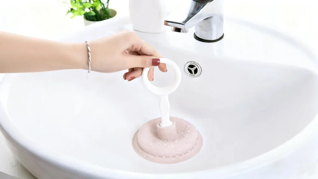 Housekeeping technician quietly using a small cup plunger to clear a bathroom sink full of standing water, avoiding loud tools and harsh chemicals near occupied rooms.