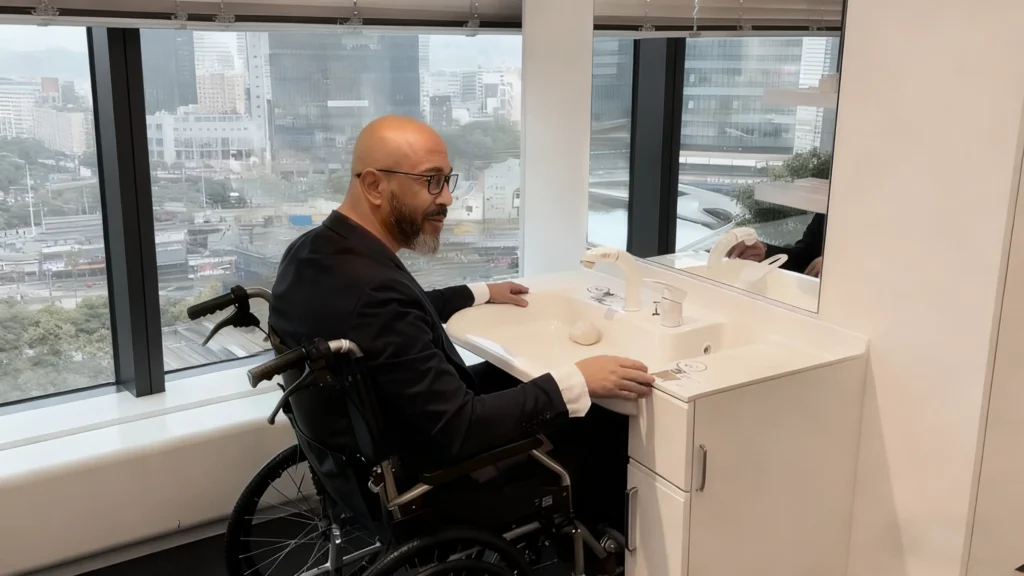 ADA compliant bathroom sink featuring easy one-hand lever faucet and insulated hot water pipes to prevent burns.